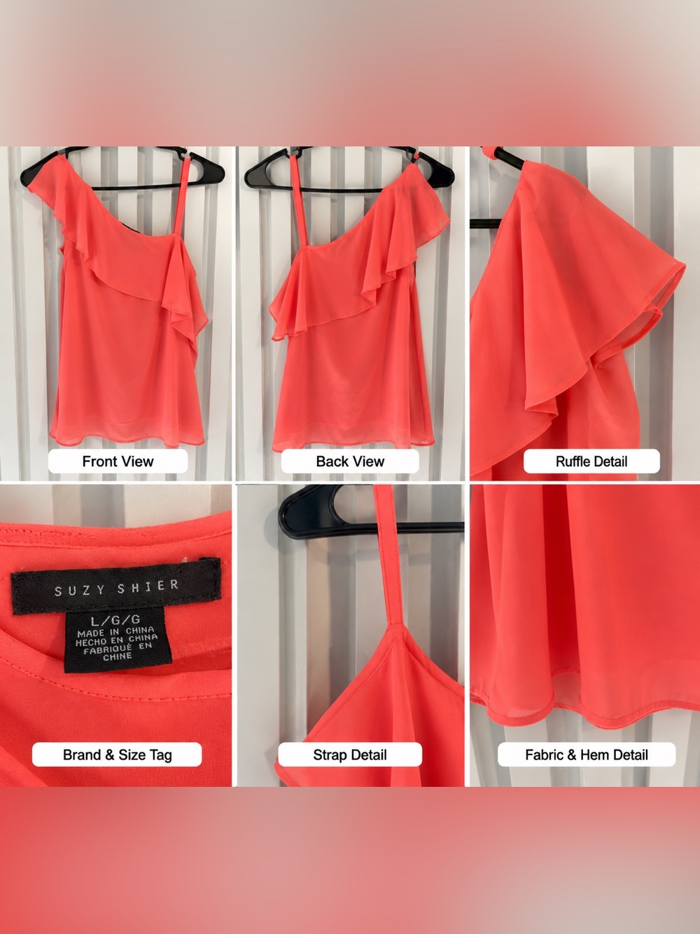 Suzy Shier Coral One-Shoulder Ruffle Blouse Dress